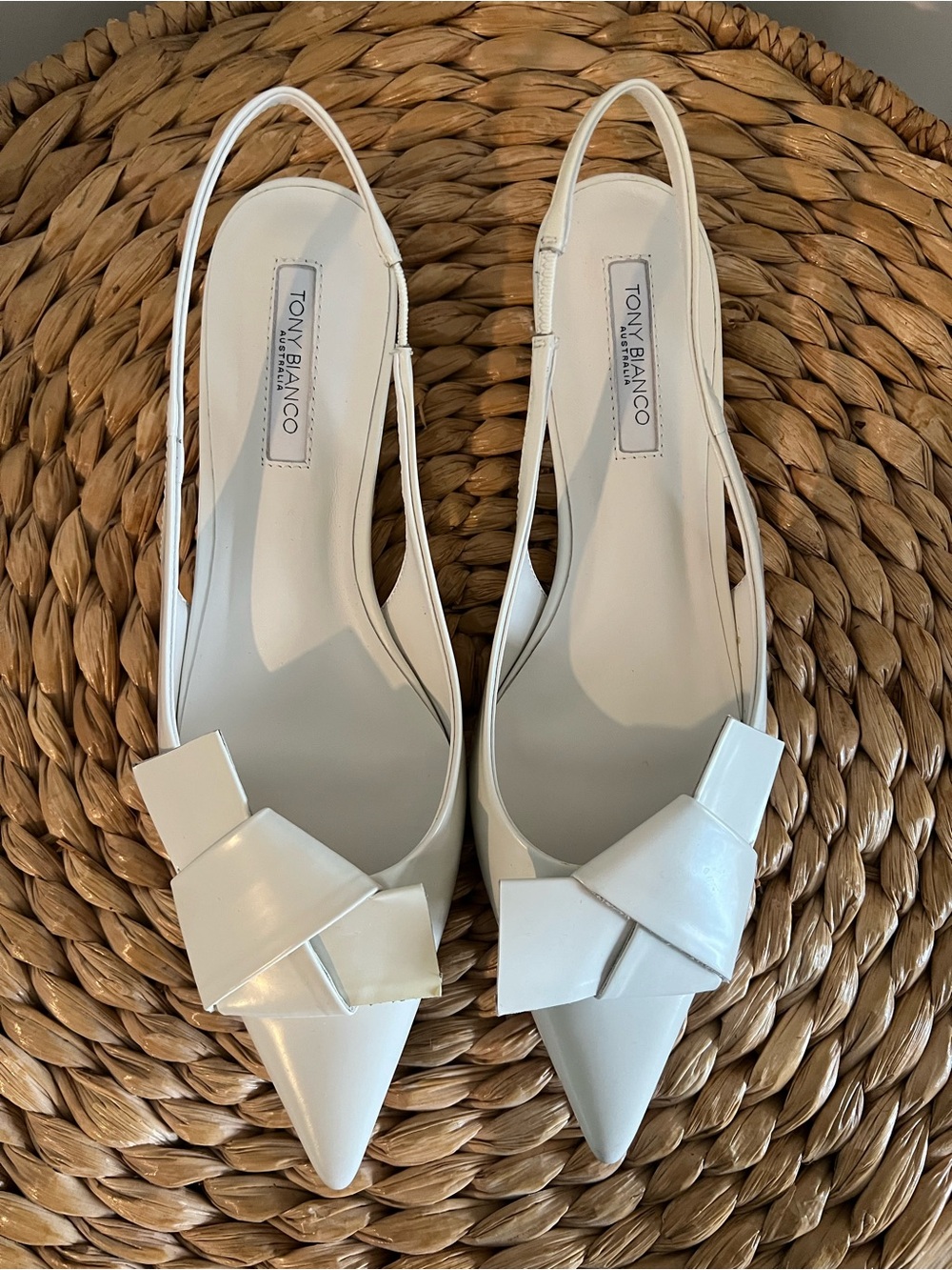 Tony Bianco Elijah White Hi Shine Pointed Slingback Flats with Bow Detail